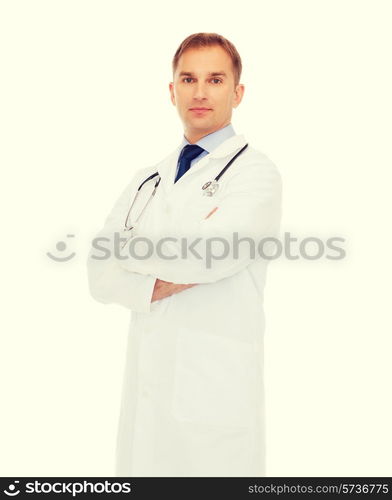 healthcare, profession and medicine concept - male doctor with stethoscope in white coat over white background