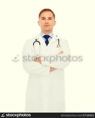 healthcare, profession and medicine concept - male doctor with stethoscope in white coat over white background