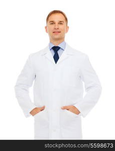 healthcare, profession and medicine concept - smiling male doctor in white coat over white background