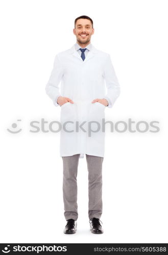 healthcare, profession and medicine concept - smiling male doctor in white coat over white background