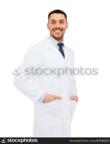 healthcare, profession and medicine concept - smiling male doctor in white coat over white background