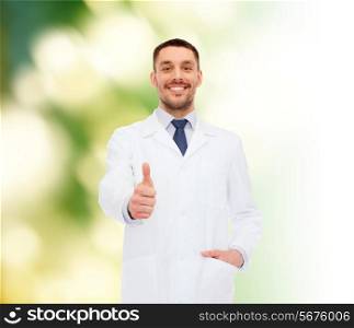 healthcare, profession and medicine concept - smiling male doctor showing thumbs up over white background