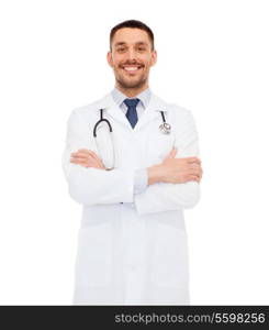 healthcare, profession and medicine concept - smiling male doctor with stethoscope in white coat over white background