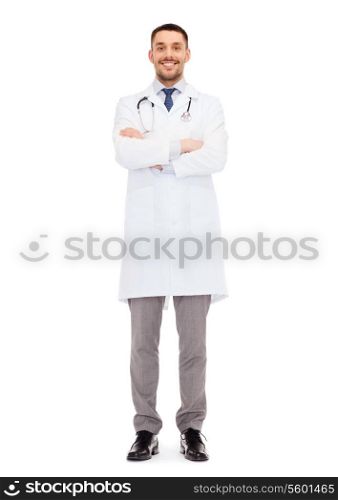healthcare, profession and medicine concept - smiling male doctor with stethoscope in white coat over white background