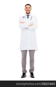 healthcare, profession and medicine concept - smiling male doctor with stethoscope in white coat over white background