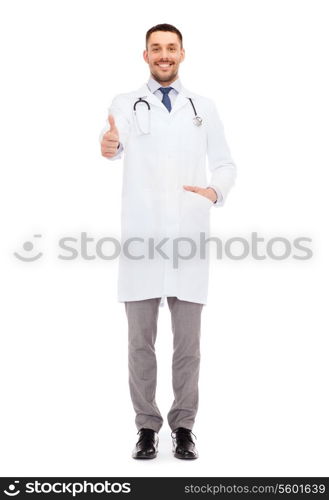 healthcare, profession and medicine concept - smiling male doctor with stethoscope showing thumbs up over white background