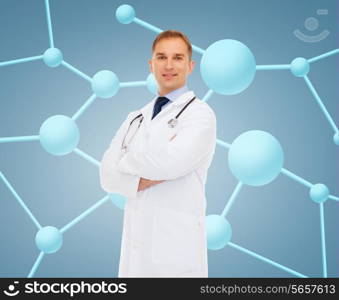 healthcare, profession, biology, chemistry and medicine concept - smiling male doctor with stethoscope in white coat over molecular background