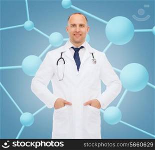 healthcare, profession, biology, chemistry and medicine concept - smiling male doctor with stethoscope in white coat over molecular background
