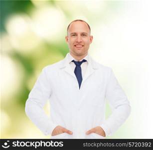 healthcare, profession, environment and medicine concept - smiling male doctor in white coat over natural background