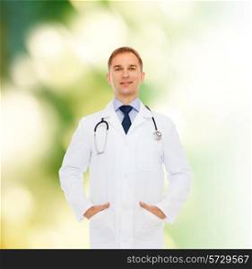 healthcare, profession, environment and medicine concept - smiling male doctor with stethoscope in white coat over nature background