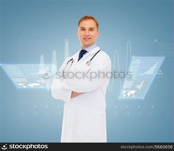 healthcare, profession, future technology and medicine concept - smiling male doctor with stethoscope in coat over cardiogram and virtual screen background