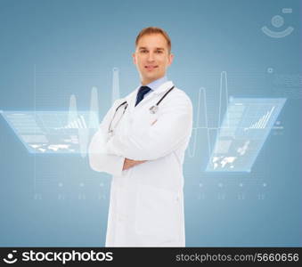 healthcare, profession, future technology and medicine concept - smiling male doctor with stethoscope in coat over cardiogram and virtual screen background