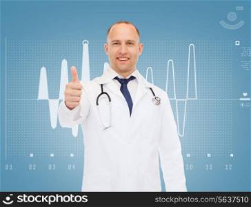 healthcare, profession, gesture and medicine concept - smiling male doctor with stethoscope showing thumbs up over cardiogram background