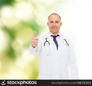 healthcare, profession, gesture and medicine concept - smiling male doctor with stethoscope showing thumbs up over nature background