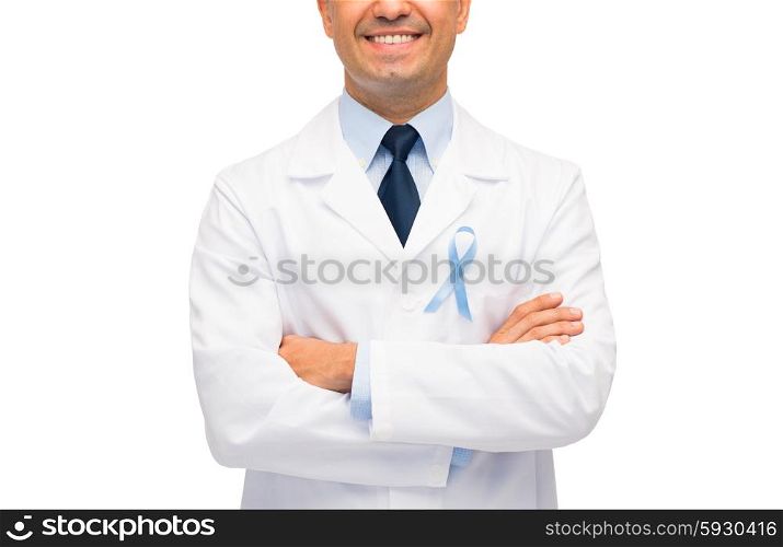 healthcare, profession, people and medicine concept - close up of smiling male doctor in white coat with sky blue prostate cancer awareness ribbon