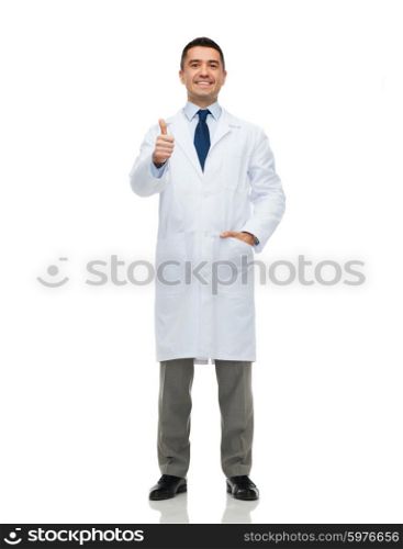 healthcare, profession, people and medicine concept - smiling male doctor in white coat showing thumbs up