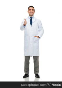 healthcare, profession, people and medicine concept - smiling male doctor in white coat showing thumbs up