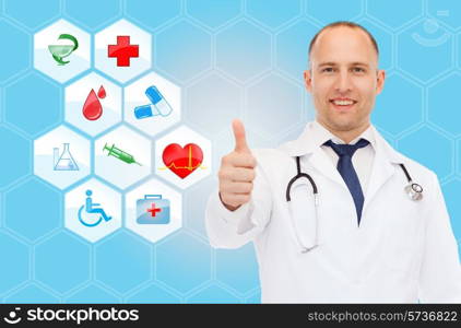 healthcare, profession, symbols, people and medicine concept - smiling male doctor with stethoscope in white coat over blue background with medical icons