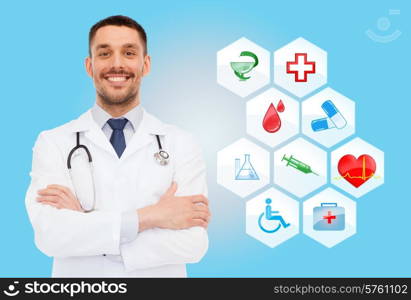 healthcare, profession, symbols, people and medicine concept - smiling male doctor with stethoscope in white coat over blue background with medical icons