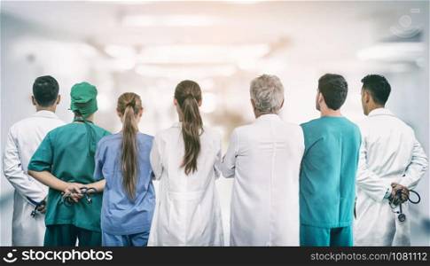 Healthcare profession teamwork and doctor service concept - International medical staff group of doctors, nurses and surgeon specialist standing with stethoscopes in the hospital.