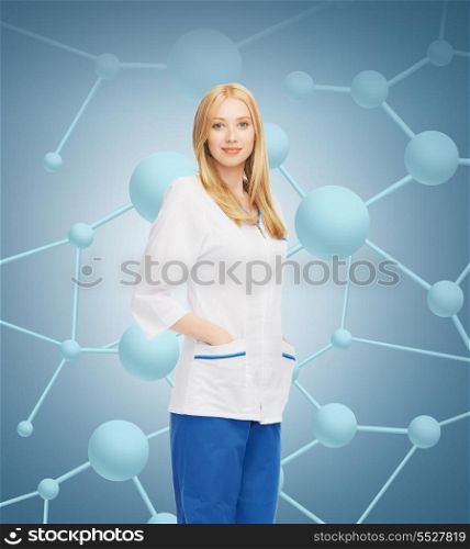healthcare, research, science, chemistry and medical concept - smiling female doctor