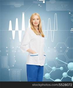 healthcare, research, science, chemistry and medical concept - smiling female doctor