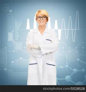 healthcare, research, science, chemistry and medical concept - smiling female doctor in glasses