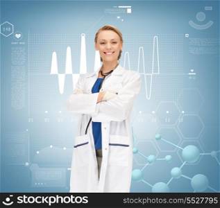 healthcare, research, science, chemistry and medical concept - smiling female doctor with stethoscope