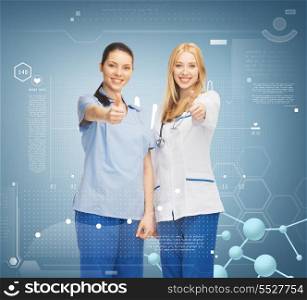 healthcare, research, science, chemistry and medical concept - two doctors showing thumbs up
