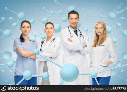 healthcare, research, science, chemistry and medicine concept - young team or group of doctors
