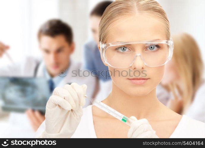 healthcare, science, medicine and laboratory concept - female scientist in eyeglasses holding thermometer
