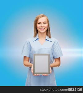 healthcare, technology, advertisement and medicine concept - smiling female doctor or nurse and tablet pc computer with blank screen