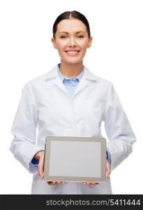 healthcare, technology, advertisement and medicine concept - smiling female doctor with blank black tablet pc screen