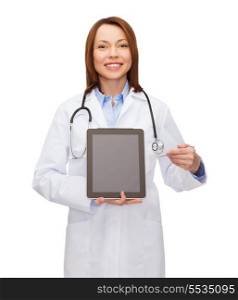 healthcare, technology, advertisement and medicine concept - smiling female doctor with stethoscope and blank black tablet pc screen