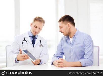 healthcare, technology and medicine concept - serious doctor with tablet pc computer and patient in hospital