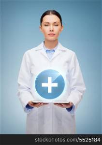 healthcare, technology and medicine concept - serious female doctor and tablet pc computer