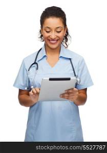 healthcare, technology and medicine concept - smiling female african american doctor or nurse with stethoscope and tablet pc computer