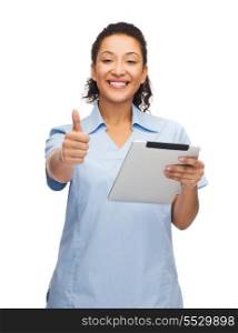 healthcare, technology and medicine concept - smiling female african american doctor or nurse tablet pc computer showing thumbs up