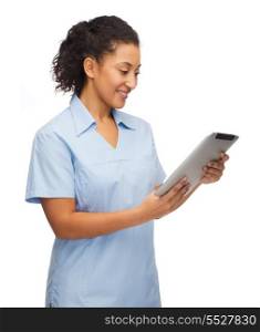 healthcare, technology and medicine concept - smiling female african american doctor or nurse tablet pc computer