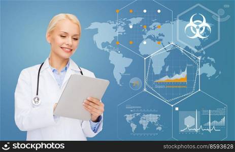 healthcare, technology and medicine concept - smiling female doctor with tablet pc computer over statistics charts and world map on blue background. smiling female doctor with tablet pc over charts