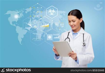 healthcare, technology and medicine concept - smiling female doctor with tablet pc computer over statistics charts and world map on blue background. smiling female doctor with tablet pc over charts