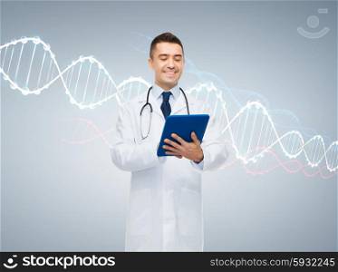 healthcare, technology, genetics, people and medicine concept - smiling male doctor in white coat with tablet pc computer and dna molecule formula over gray background