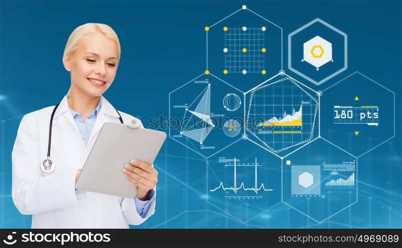healthcare, technology, people and medicine concept - smiling female doctor with stethoscope and tablet pc computer over blue background and charts. female doctor with stethoscope and tablet pc