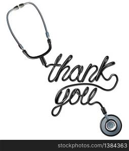 Healthcare Thank you as a doctor stethoscope shaped as a thankyou text as a symbol for health care workers appreciation on a white background as a 3D render.