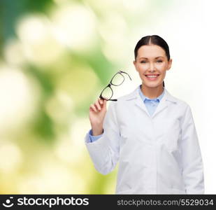 healthcare, vision and medicine concept - smiling female doctor with eyeglasses