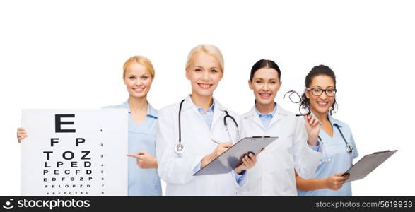 healthcare, vision and medicine concept - smiling female eye doctors and nurses with eye exam chart, glasses and clipboard