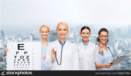 healthcare, vision and medicine concept - smiling female eye doctors and nurses with eye exam chart, glasses and clipboard