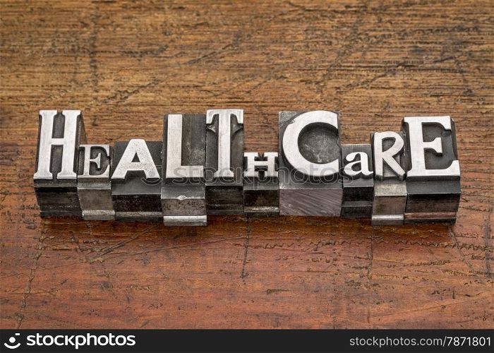 healthcare word in mixed vintage metal type printing blocks over grunge wood