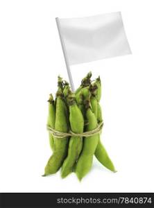 Healthy and organic food concept. Healthy and organic food concept. Fresh broad bean pods with flag showing the benefits or the price of fruits.