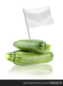 Healthy and organic food concept. Healthy and organic food concept. Fresh zucchini with flag showing the benefits or the price of fruits.